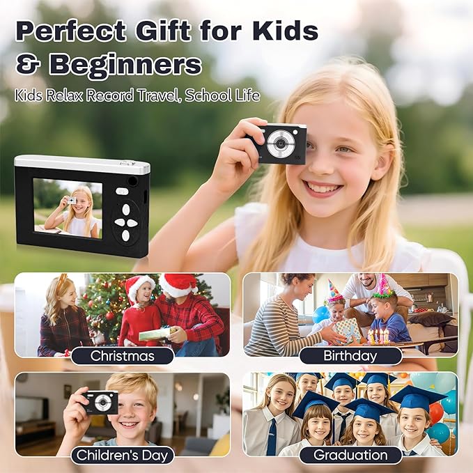Digital Camera FHD 1080P Video & 8X Digital Zoom - Compact Point and Shoot Digital Camera with 2.4" Screen, 800mAh Rechargeable Battery Portable Small Camera for Kids Teens Girls Boys(Black)-CubbioJoy