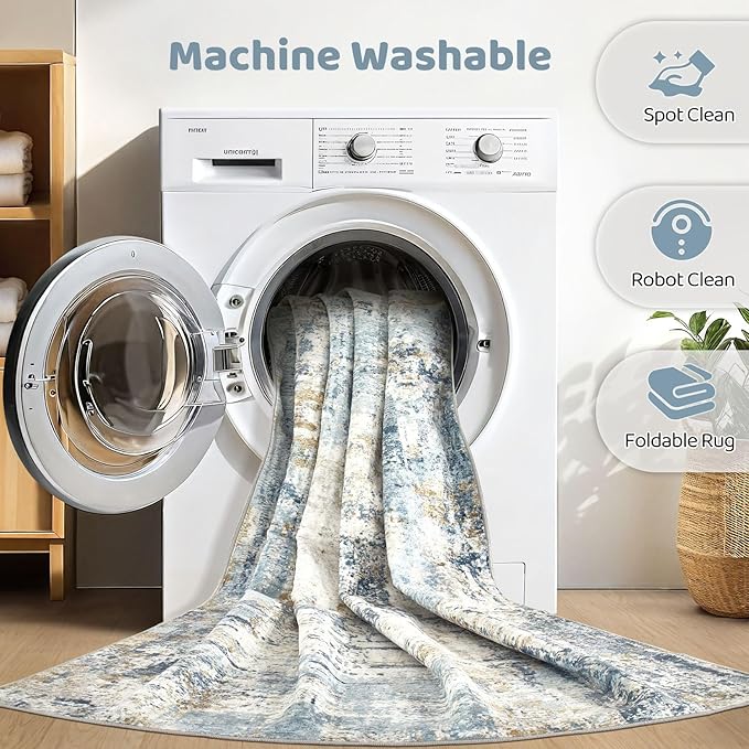 5x7 Area Rugs Washable Rug: Living Room Large Abstract Modern Soft Stain Resistant Indoor Floor Non Slip Accent Carpet for Bedroom Nursery Playroom Dining Room Office Dorm Home- Light Blue-CubbioJoy