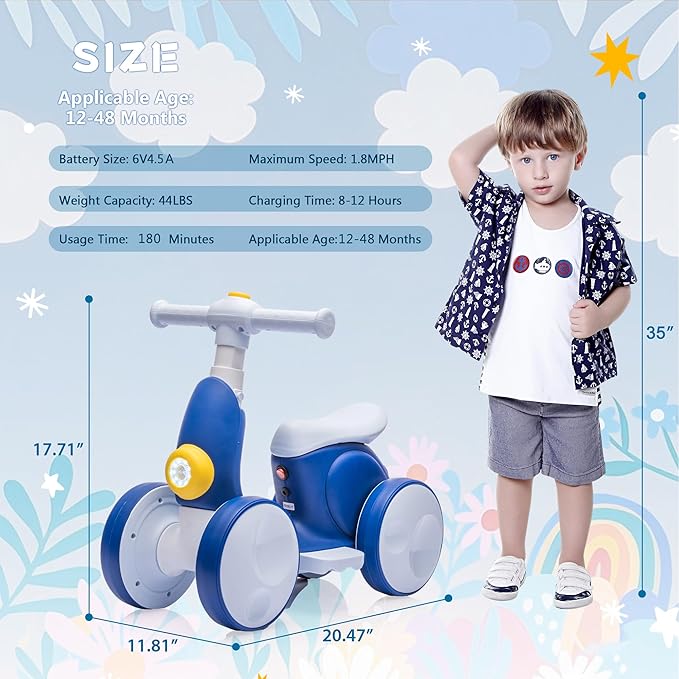 6V Electric Baby Balance Bike for 1 Year Old Boys Girls Ride on Toys 12-48 Month Toddler Balance Bike, 4 Wheels Kids First Bike with Remote Control First Birthday Gifts- Blue-CubbioJoy