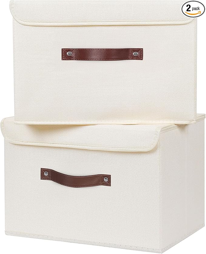 ANMINY 2PCS Storage Bins with Lid PU Leather Handles Storage Boxes PP Plastic Board Decorative Foldable Lidded Cotton Linen Fabric Home Cubes Baskets Closet Organizer Containers - Beige, Large Size-CubbioJoy