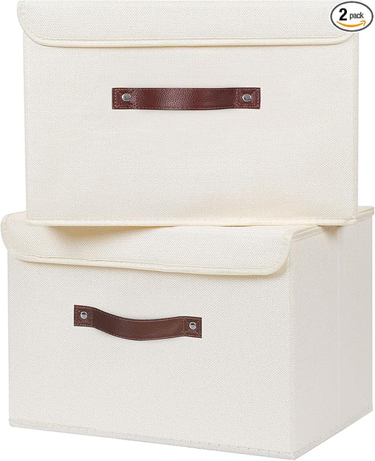 ANMINY 2PCS Storage Bins with Lid PU Leather Handles Storage Boxes PP Plastic Board Decorative Foldable Lidded Cotton Linen Fabric Home Cubes Baskets Closet Organizer Containers - Beige, Large Size-CubbioJoy