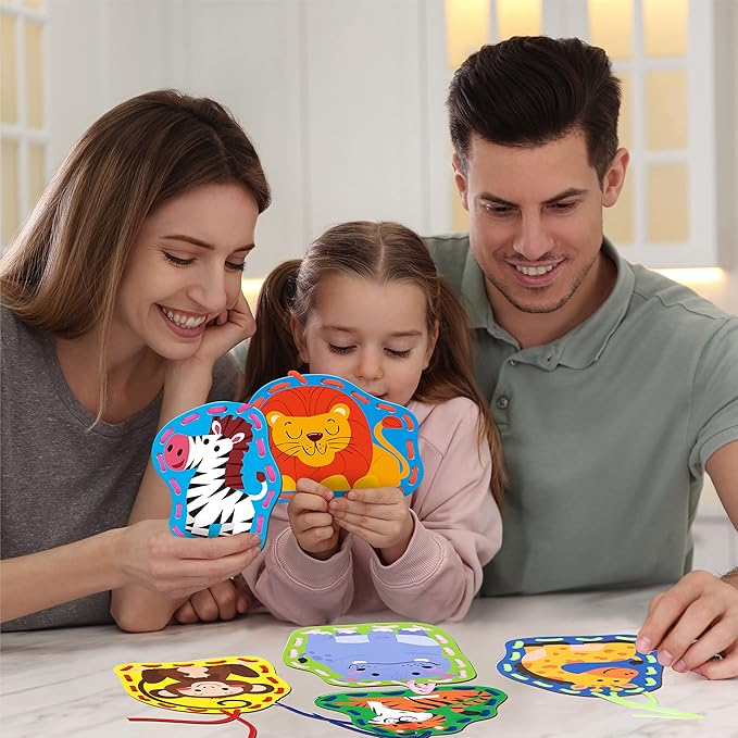 9 Pieces Kids Lacing Cards, Double Sided Sewing Cards in 9 Wild Animals with 9 Colorful Laces, Imagination Development Lacing Toys Games for Children Educational and Learning Activity-CubbioJoy