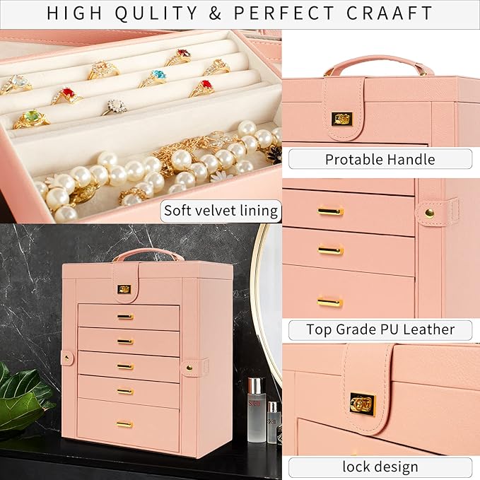 AKOZLIN Large Jewelry Box Organizer Functional Lockable with Big Mirror, Leather Jewelry Storage Case for Women Girls Ring Necklace Earring Bracelet Holder Organizer Pink-CubbioJoy