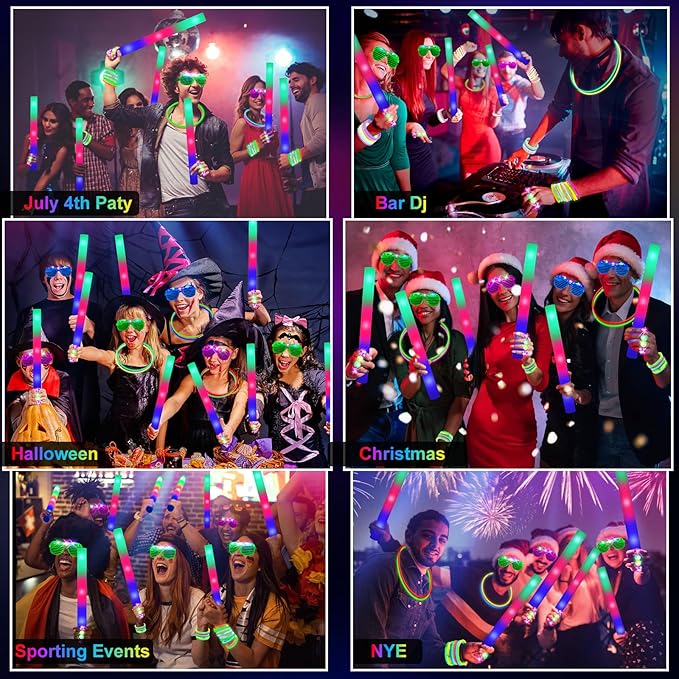 150 PCS Glow in the Dark Party Supplies, 16 Foam Sticks, 16 LED Glasses, 100 Glow Sticks and 18 Finger Lights for Neon Party, Wedding, Birthday, Concert, New Year, Carnivals, Raves-CubbioJoy