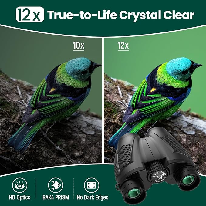 12x30 Compact Binoculars for Adults and Kids, High Power Lightweight Small Binoculars with Phone Adapter for Cruise Ship Hiking Bird Watching Sports Safari Viewing Football Sports Concert-CubbioJoy