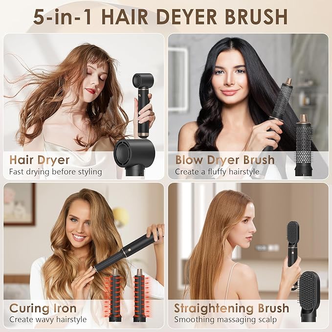 Blow Dryer Brush 5 in 1, Multi Ionic Hair Dryer Brush Set, Auto Air Wrap Hair Styler with 3 Temperature, Powerful Hair Styling Tools Set for Fast Drying, Curling, Straightening & Smoothing-CubbioJoy