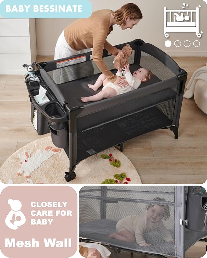 AirClub 4 in 1 Baby Bassinet Bedside Sleeper, 4 Functions Crib, Playard, Portable Changing Table, Bassinet for Newborn Baby, Bedsaide Bed w/Wheels&Brakes-CubbioJoy