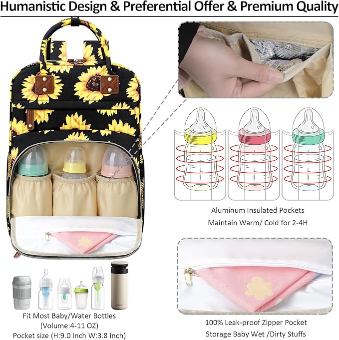 Diaper Backpack Tote Large Capacity, Baby Bag with Insulated Pockets Multifunctional Diaper Bags For Baby Girl Boy Women Waterproof Bags Mama Maternity Bag Sunflower-CubbioJoy