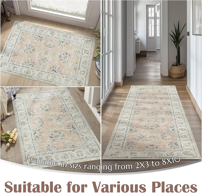 jinchan Washable Area Rug 4x6 Ultra-Thin Low Pile Non-Slip Stain Resistant Soft Faux Wool Spring Floral Rug Distressed Vintage Carpet for Bedroom,Living Room,Dining Room,Kitchen,Nursery(Pink, 4' x 6')-CubbioJoy