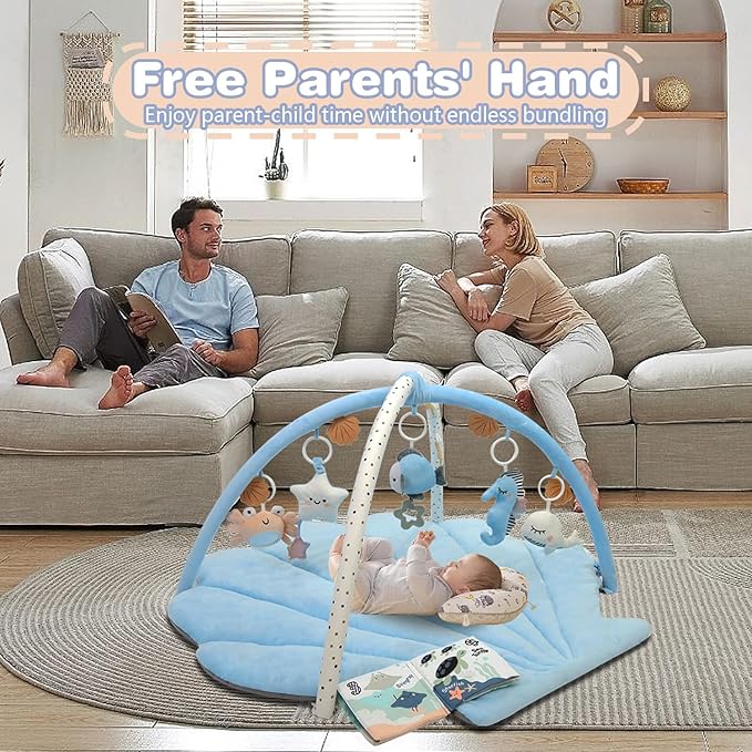 Baby Play Gym Mat, Oversize Tummy Time Activity Mat for Babies 0-6 Months, Shells Shaped Baby Play Mat with 6 Detachable Toys, Baby Mat for Floor Sensory Exploration Motor Skill Development (Blue)-CubbioJoy