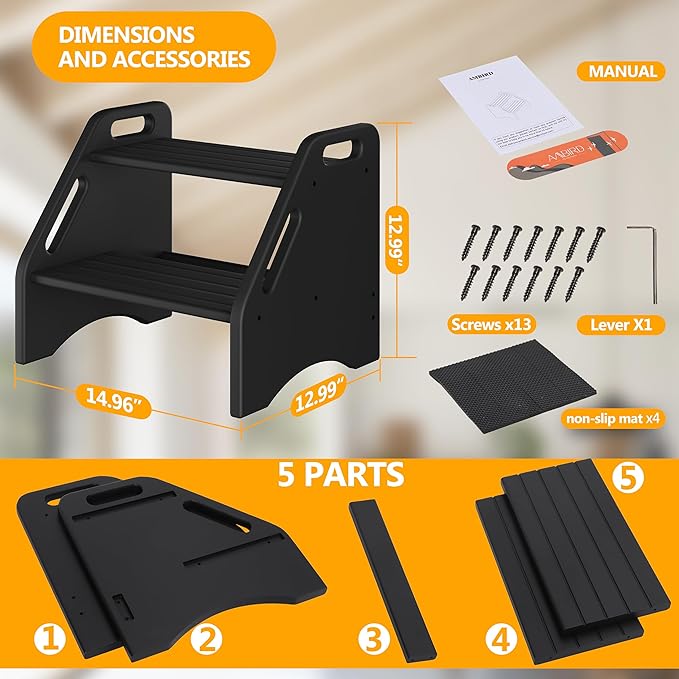 AMBIRD Wooden Step Stool, Two Step Stools 300 lbs Capacity with Safety Non-Slip Pads and Handles, Bamboo Step Stool for Bathroom, Kitchen Dual Height Step Stools for Adults (Black)-CubbioJoy