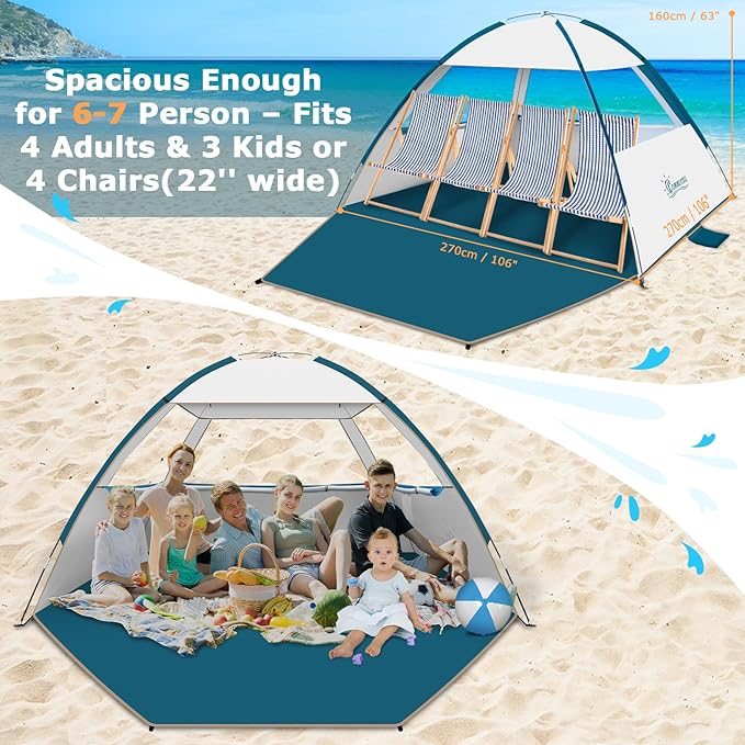COMMOUDS Beach Tent Sun Shade for 3/4-5/6-7/8-10 Person, UPF 50+ Beach Sun Shelter Canopy Tent, Lightweight, Easy Set Up and Carry-CubbioJoy
