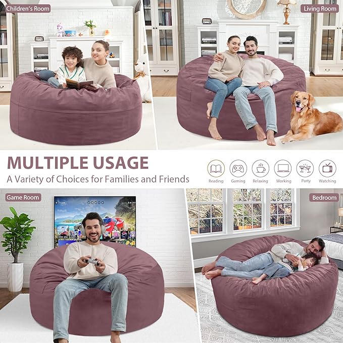 4FT Bean Bag Chair, Large Bean Bag Chairs with Memory Foam Filled, Fluffy Beanbag Sofa with Dutch Velvet Cover, Round BeanBag Chairs for Living Room, Playroom - Dusty Pink-CubbioJoy