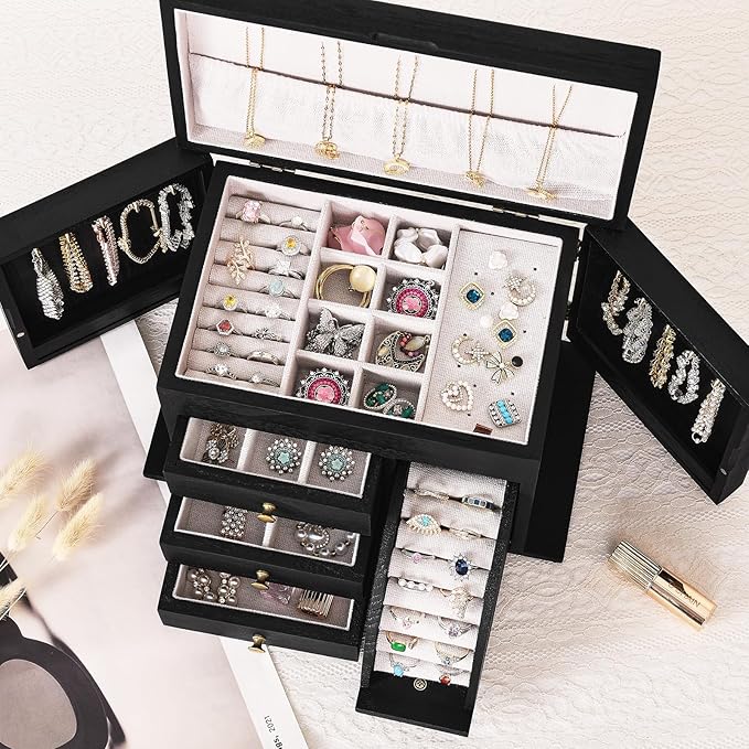 Jewelry Box Organizer, Solid Wood Jewelry Boxes for Women, Double Layer Jewelry Organizer Box Display Earring Necklace Bracelet Ring, Rustic Style Small Jewelry Box for Girls (Black)-CubbioJoy