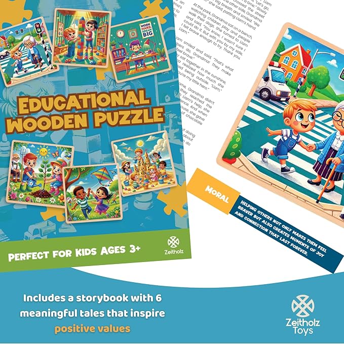 6 Educational Wooden Puzzles & Storybook, Teaches Kindness, Empathy & More – 6 in 1 Jigsaw Puzzle for Kids Ages 3-7 – Learn Real Values Through Stories – Montessori Puzzle Set 25 Pieces-CubbioJoy