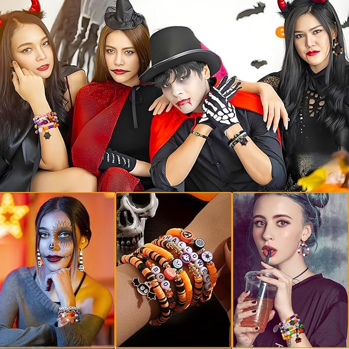 3140Pcs Halloween Beads for Bracelet Jewelry Making Kit, Halloween Clay Beads Black White Orange Purple Pumpkin Round Letter Star Skull Bead Bulk with Ghost Witch Hat Charm for DIY Craft Earring-CubbioJoy
