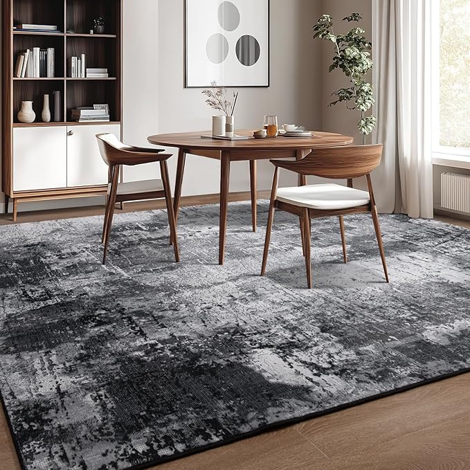 Area Rug Living Room Rug, 4x6 Modern Abstract Washable Rug Black Non Slip Foldable Faux Wool Vintage Carpet, Fluffy Non-Shedding Rugs for Living Room, Bedroom, Dining Room, Kids Playroom-CubbioJoy