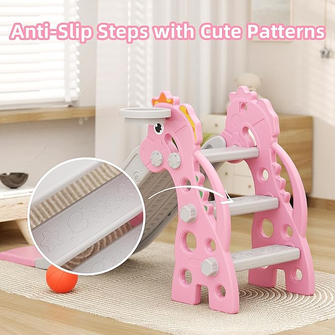 67i Toddler Slide for Indoor & Outdoor Play with Basketball Hoop, Anti-Slip Steps, 46.8in Baby Climber (Pink)-CubbioJoy