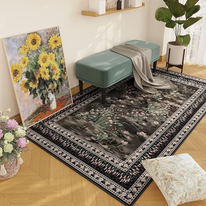 4x6 Rug for Bedroom Impressionist-Style Vintage Washable Rugs Non Slip Low Pile Small Carpet for Bedside Kids Room Office Dining Room, Black-CubbioJoy