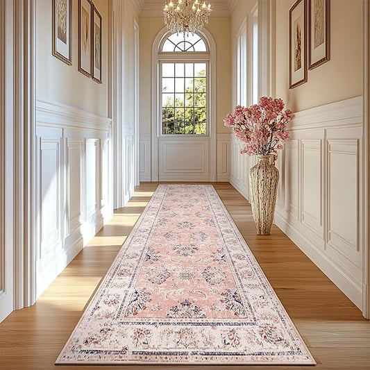 jinchan Long Hallway Runner Rug 2x12 Machine Washable Runner Rug Pink Vintage Floral Design Non-Slip Ultra-Thin for Kitchen Laundry Room Bedroom Farmhouse (2‘x12',Pink)-CubbioJoy