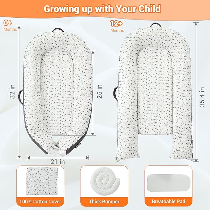 JOLLITO Baby Lounger for Baby Girls & Boys, Infant Lounger Cover, Newborn Essentials for Baby 0-12 Months, Baby Play Mat,100% Cotton Breathable, Portable Travel, Babies Essentials Gifts-CubbioJoy