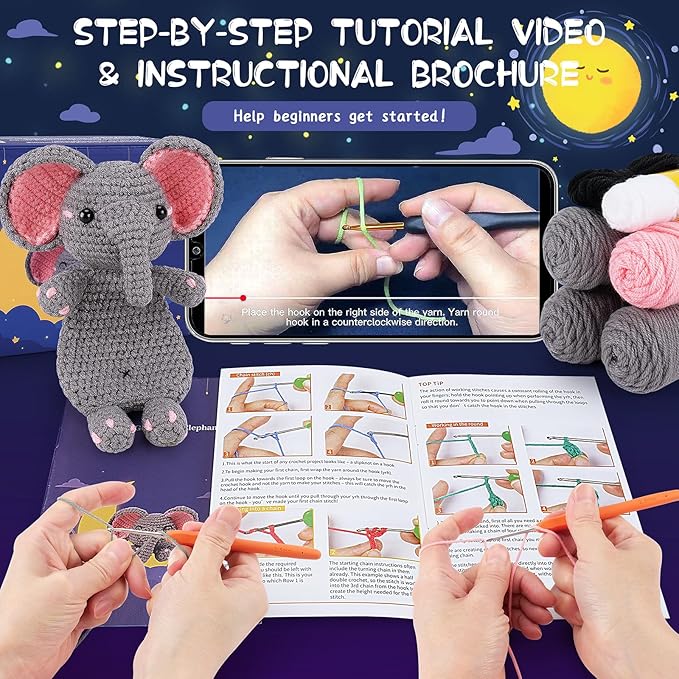 Crochet Kit for Beginners - Elephant Crochet Kits with Step-by-Step Video Tutorials, Beginner Crochet Kit for Adults, Crochet Animal Kit for Kids, Goodnight Elephant Crocheting Set (Grey)-CubbioJoy