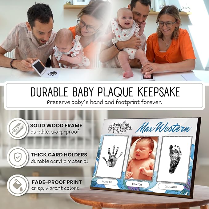 Baby Hand and Footprint Kit with Photo & Birth Details, Inkless Hand and Footprint Kit, Newborn Keepsake Plaque, Baby Shower Gifts (STYLE 1 (Fully Personalized) (Welcome To The World - Baby Boy))-CubbioJoy