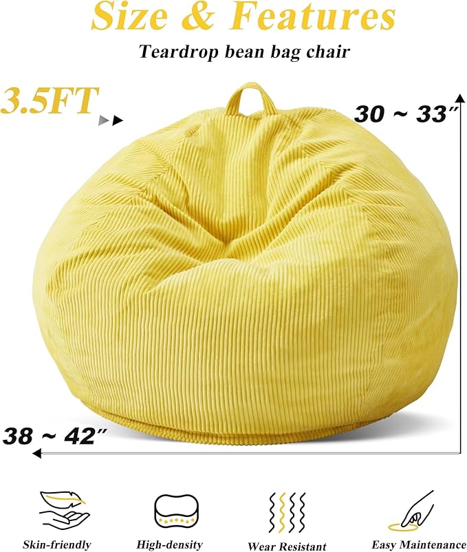 3.5FT Bean Bag Chairs Teardrop Bean Bag Chair for Adults Beanbag Chair with Memory Foam Filled Machine Washable Cover for Living Room, Bedroom (Large,Yellow)-CubbioJoy