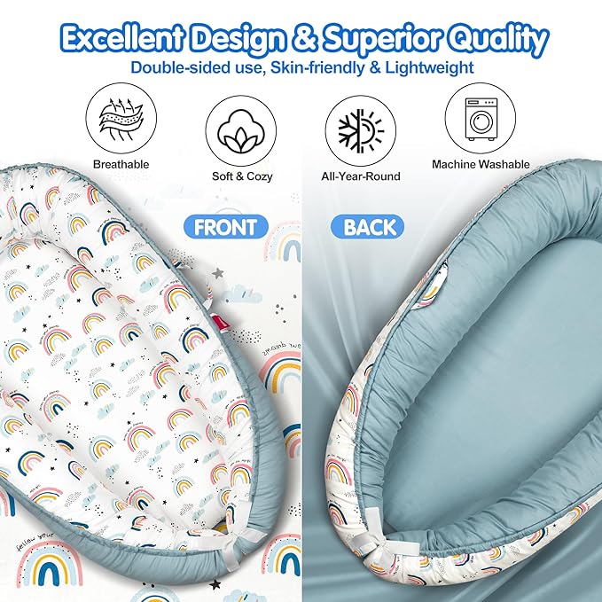 Baby Lounger - Baby Lounger for Newborn 0-24 Months, Breathable & Soft Baby Nest, Portable and Lightweight Lounger for Home and Travel, Ideal Newborn Babies Essentials (Blue-Rainbow)-CubbioJoy