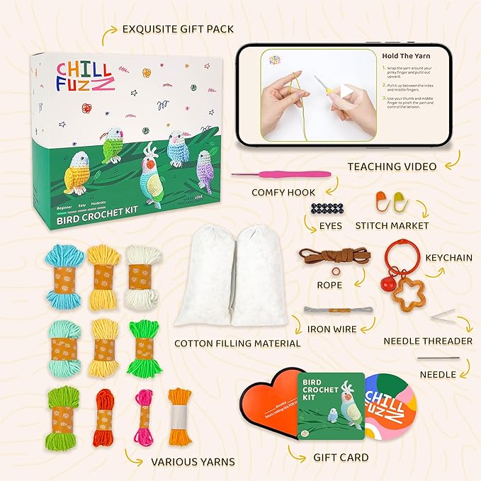 ChillFuzz Animal Crochet Kit Beginner Crochet Kit for Adults and Kids with Yarn Hook and Step by Step Instructions Relaxing DIY Gift Parrot-CubbioJoy