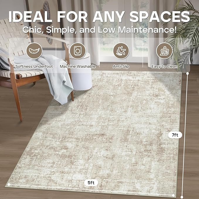 5x7 Area Rugs for Living Room Rug Washable: Modern Rug for Dining Room Bedroom Carpet Non Slip Low Pile 5 by 7 Indoor Abstract Nursery Home Office Beige-CubbioJoy