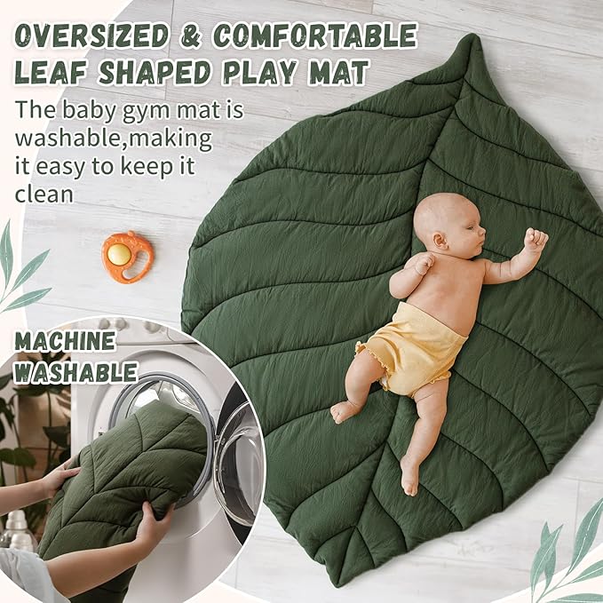Baby Play Gym with Mat Leaf Shaped, Baby Play Mat with 6 Hanging Toys Tummy Time Mat, Baby Gym Activity Center, Washable (Green)-CubbioJoy