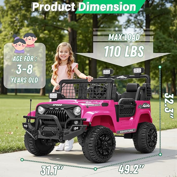2 Seater Ride On Car Truck with Remote Control XL, Kids 24V Battery Powered Electric Vihicle w/21 in Seat, 3 Speeds, 2WD/4WD Switichable, Shock Absorbers,Bluetooth, Flower, Gift Choice-CubbioJoy