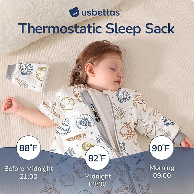 Baby Sleep Sack 3-6 Months, Cotton Detachable Long Sleeve Sleep Sack, 1.0 Tog Toddler Sleeping Sack with Temperature Strips, 2-Way Zipper Wearable Blankets for Newborns, Ocean-CubbioJoy