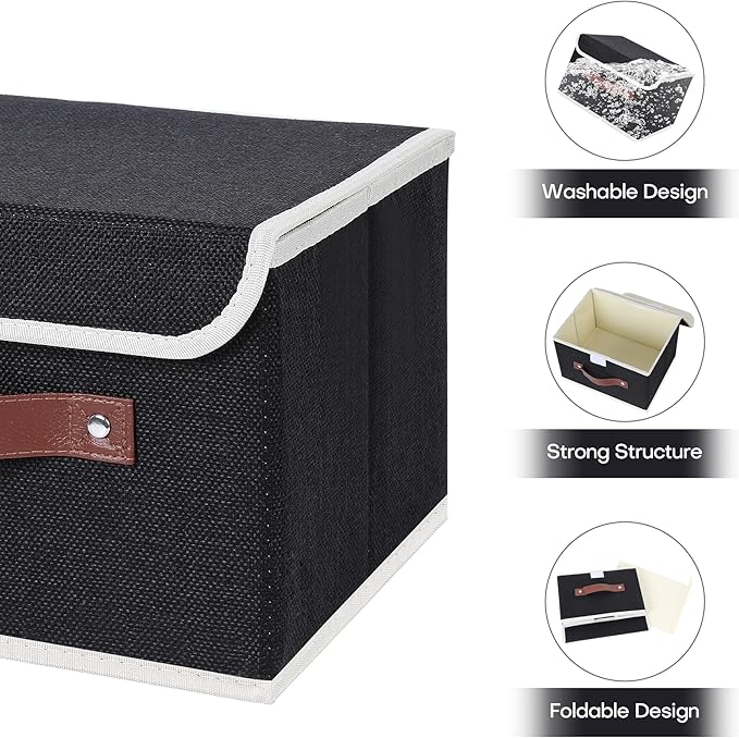 ANMINY 2PCS Storage Bins with Lid PU Leather Handles Storage Boxes PP Plastic Board Decorative Foldable Lidded Cotton Linen Fabric Home Cubes Baskets Closet Organizer Containers - Black, Large Size-CubbioJoy