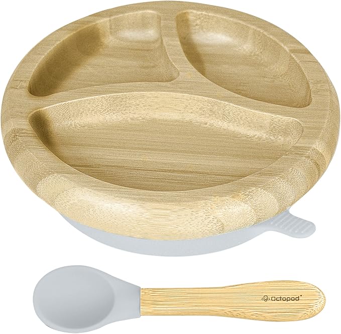 Abiie Octopod Bamboo Dish - Kids Plates for 4 months and up, 3-Compartment Baby Plates with Suction, Round Bamboo Baby Plate, Mess-Free Toddler Suction Plates, Baby Feeding Supplies, 7.5 x 7.5 x 1.9in-CubbioJoy