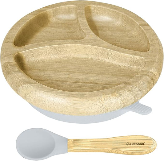 Abiie Octopod Bamboo Dish - Kids Plates for 4 months and up, 3-Compartment Baby Plates with Suction, Round Bamboo Baby Plate, Mess-Free Toddler Suction Plates, Baby Feeding Supplies, 7.5 x 7.5 x 1.9in-CubbioJoy