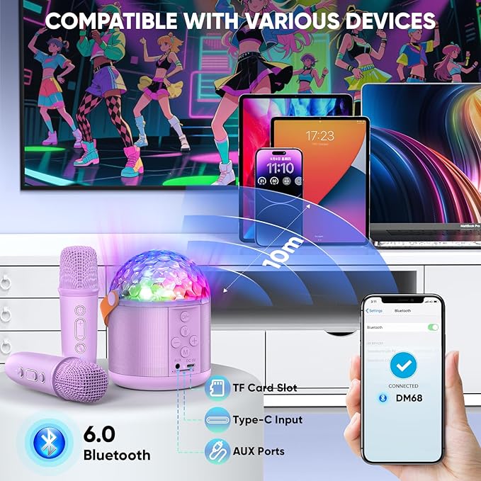 Karaoke Machine with Disco LED Lights for Adults Kids, Portable Bluetooth Speaker with 2 Wireless Microphone, Gifts Toys for 3-12+ Kids Birthday Family Home Party-CubbioJoy