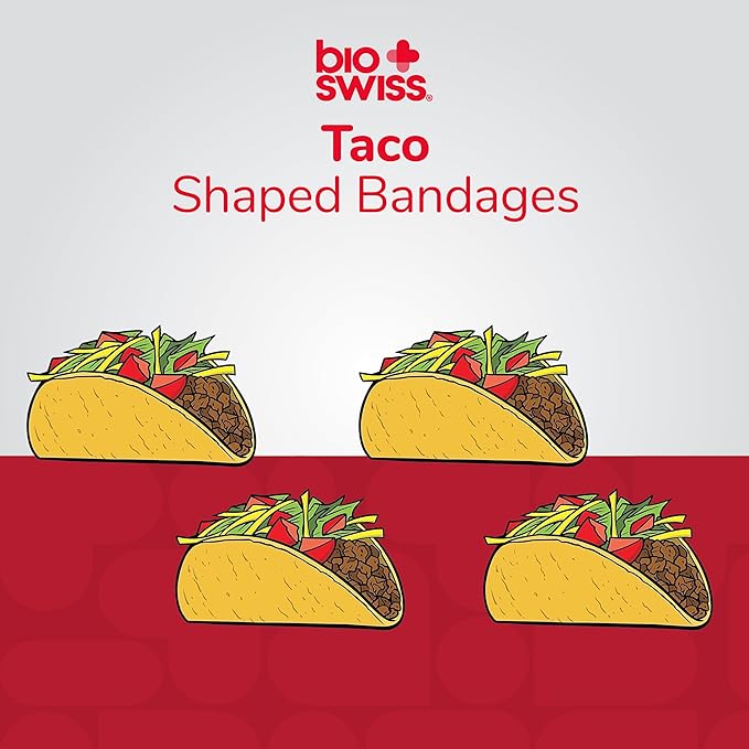 BioSwiss Bandages, Taco Shaped Self Adhesive Bandage, Latex Free Sterile Wound Care, Fun First Aid Kit Supplies for Kids, 24 Count-CubbioJoy