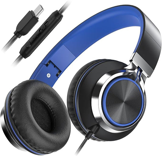 AILIHEN C8 USB-C Headphones Wired - Kids Headphones with Microphone & Volume Control, Foldable Stereo Sound Tangle-Free Type C Cord, Compatible with Cellphone, Laptop, PC (Black Blue)-CubbioJoy