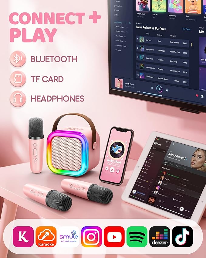 IROO Mini Karaoke Machine for Kids, 2025 TOP Toys Birthday Gifts Ideas for Girls Ages 4, 5, 6, 7, 8, 9, 10, 12+ Years Old, Portable MP3 Player with 3 Wireless Mics for Party-CubbioJoy