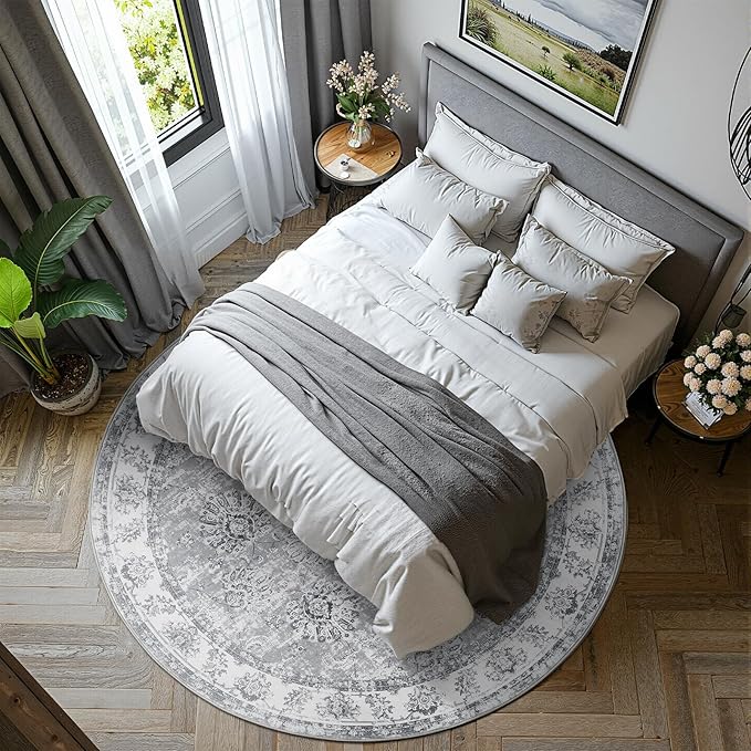 jinchan Round Rug 7ft Area Rug - Grey Vintage Floor Mat Kitchen Indoor Ultra-Thin Soft Floral Print - Washable Circle 7' Retro Accent for Farmhouse Non Slip Dining Room Living Room Bedroom Office-CubbioJoy