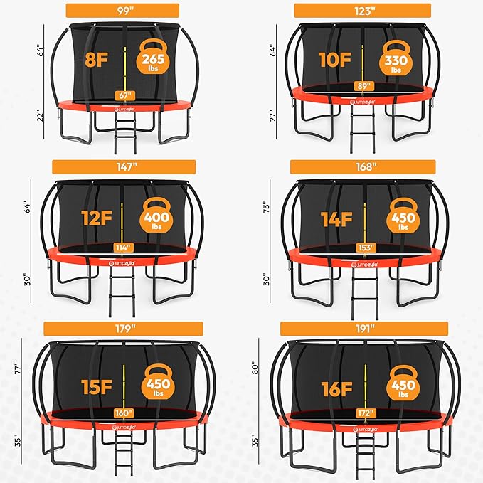 JUMPZYLLA Trampoline Outdoor 8FT 10FT 12FT 14FT 15FT 16FT with Enclosure and Ladder, ASTM Approved Recreational Trampoline for Kids and Adults, Anti-Rust Coated Frame-CubbioJoy