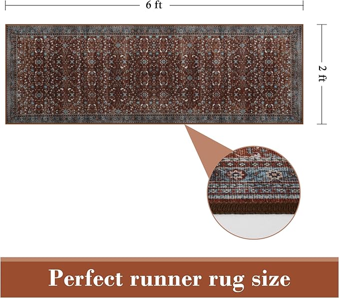 2x6 Washable Kitchen Runner Rug for Hallways, Non Slip Laundry Runners for Bathroom, Low Pile Rubber Backed Rugs for Entryway, Vintage Floral Carpet for Living Room Bedroom Brick Red-CubbioJoy