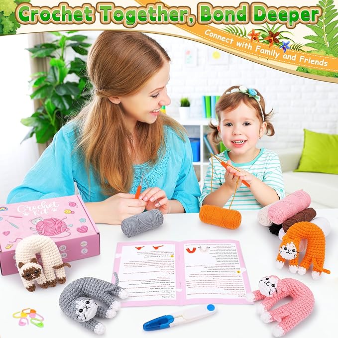 Crochet Kit for Beginners, 4 Pack Funny Cat Crochet Kits, Animal Starter Crochet Kit with Step-by-Step Video Tutorials, Easy DIY Cat Craft for Adults & Kids, Novelty Gift for Crochet Lovers-CubbioJoy