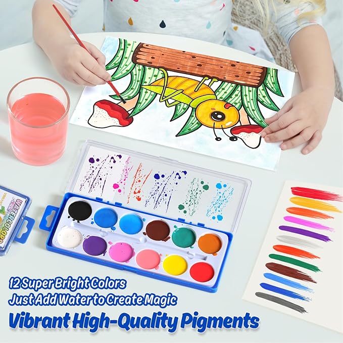 24 Packs Watercolor Paint Set Bulk, 12 Vibrant Colors Washable Watercolors with Brushes for Kids, Art Activities Painting Supplies for School Classroom Home-CubbioJoy