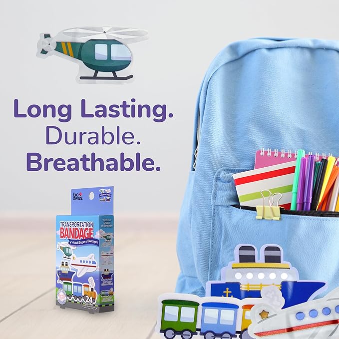 BioSwiss Bandages, Transportation Shaped Self Adhesive Bandage, Latex Free Sterile Wound Care, Fun First Aid Kit Supplies for Kids and Adults, 24 Count-CubbioJoy