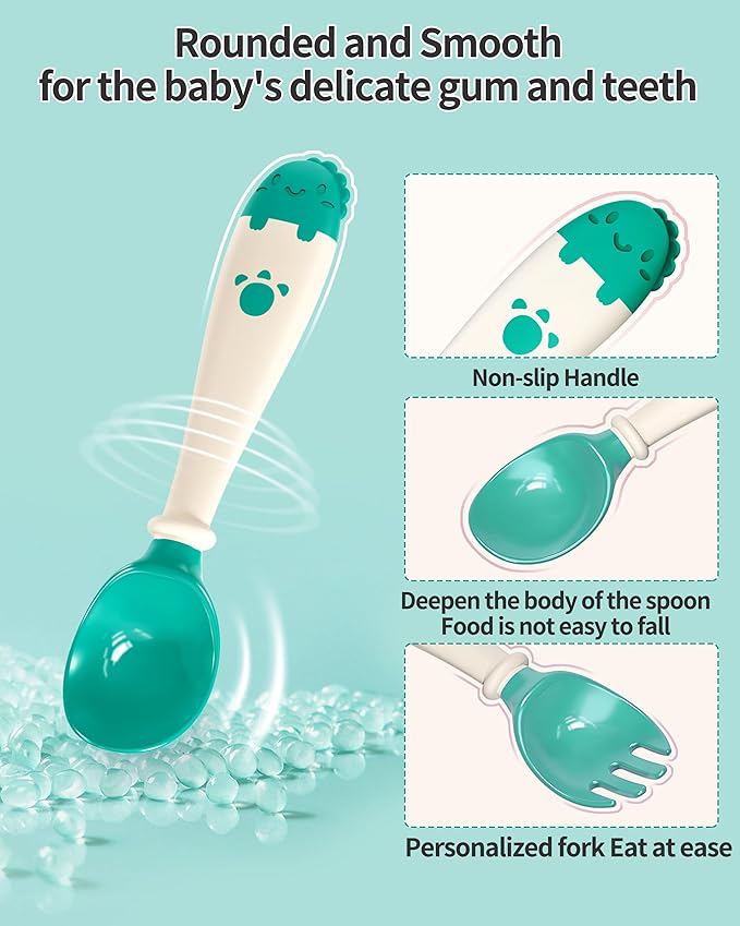 Deejoy Toddler Utensils with Travel Safe Case, Silicone Baby Spoons and Fork Set for Self Feeding, Toddlers Feeding Training Spoon, Easy Grip Heat-Resistant, Bendable Function (2 Sets, Green&Pink)-CubbioJoy