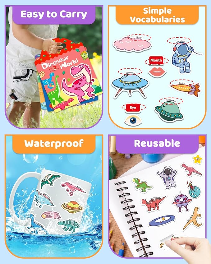Benresive Reusable Sticker Books for Kids 2-4, Sticker Books for Toddlers 1-3 2-4, Toddler Travel Toys Activities Crafts Gifts - Dinosaurs, Space and Body-CubbioJoy
