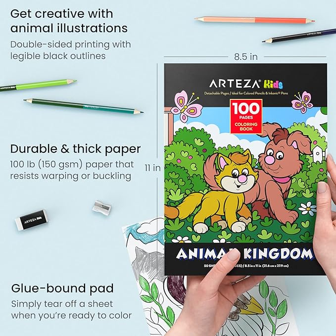 ARTEZA Kids Coloring Book and Colored Pencils Kit, Animal Kingdom Illustrations, 50 Double-Sided Sheets, 100lb Paper-CubbioJoy